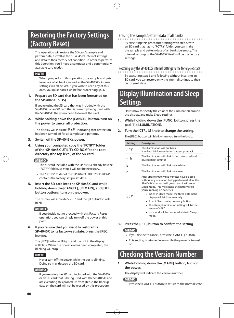 Restoring the factory settings (factory reset), Display illumination and sleep settings, Checking the version number | Erasing the sample/pattern data of all banks | Roland SP-404SX User Manual | Page 40 / 54