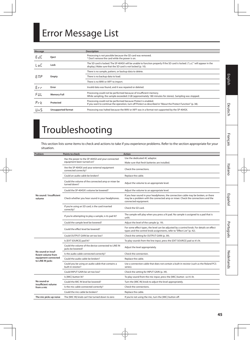 Error message list, Troubleshooting, E j c | L o c, E n p, E r r, F u l, P r t, U n s | Roland SP-404SX User Manual | Page 45 / 54