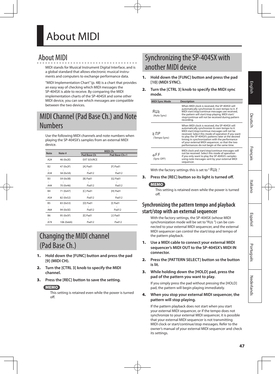 About midi, Changing the midi channel (pad base ch.), A u t | T n p, O f f | Roland SP-404SX User Manual | Page 47 / 54