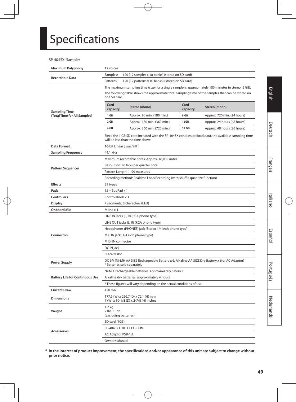 Specifications | Roland SP-404SX User Manual | Page 49 / 54