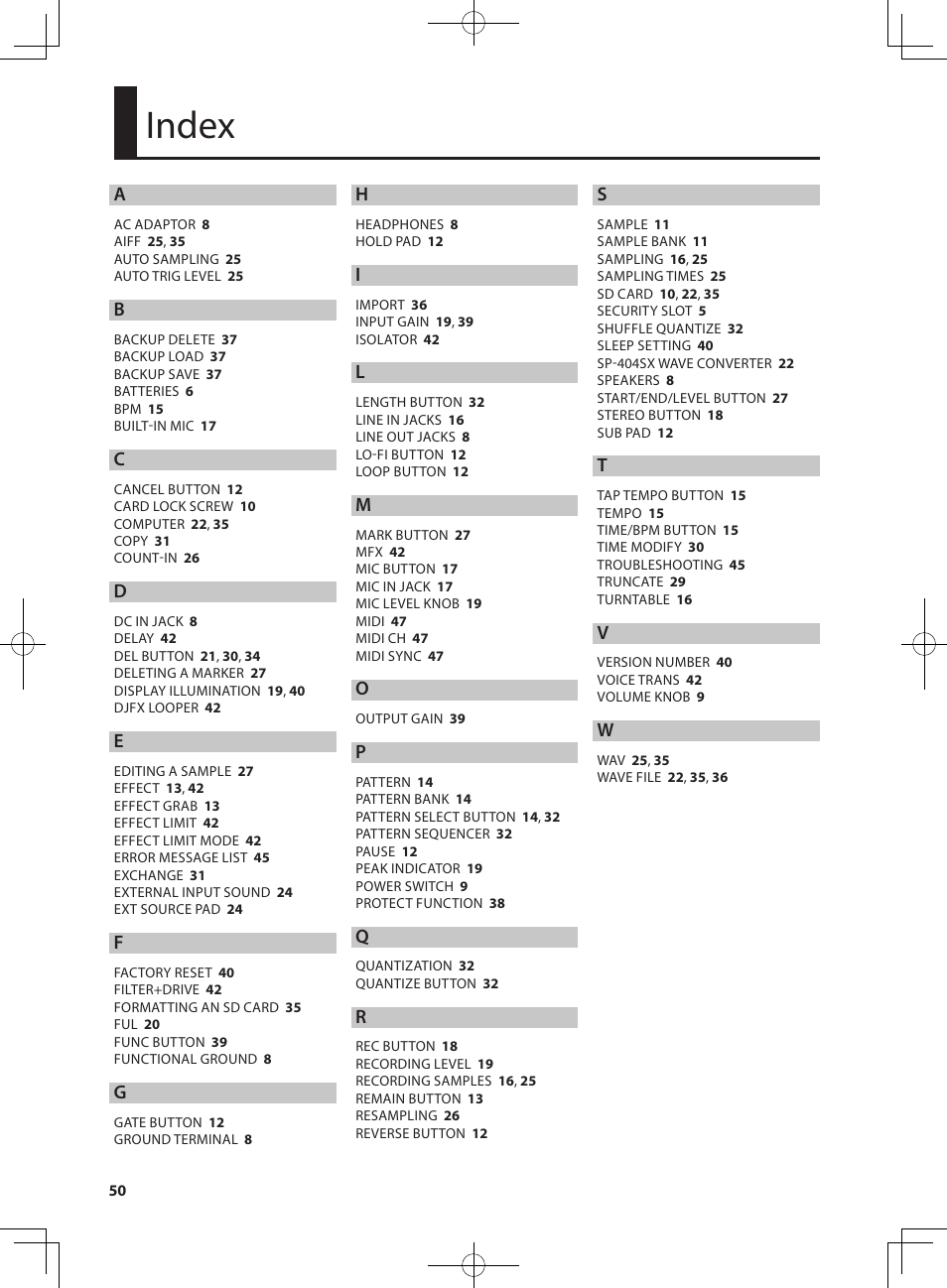 Index | Roland SP-404SX User Manual | Page 50 / 54