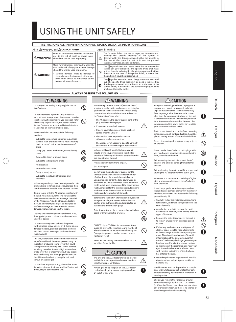 Using the unit safely, Warning, Caution | Roland SP-404SX User Manual | Page 51 / 54