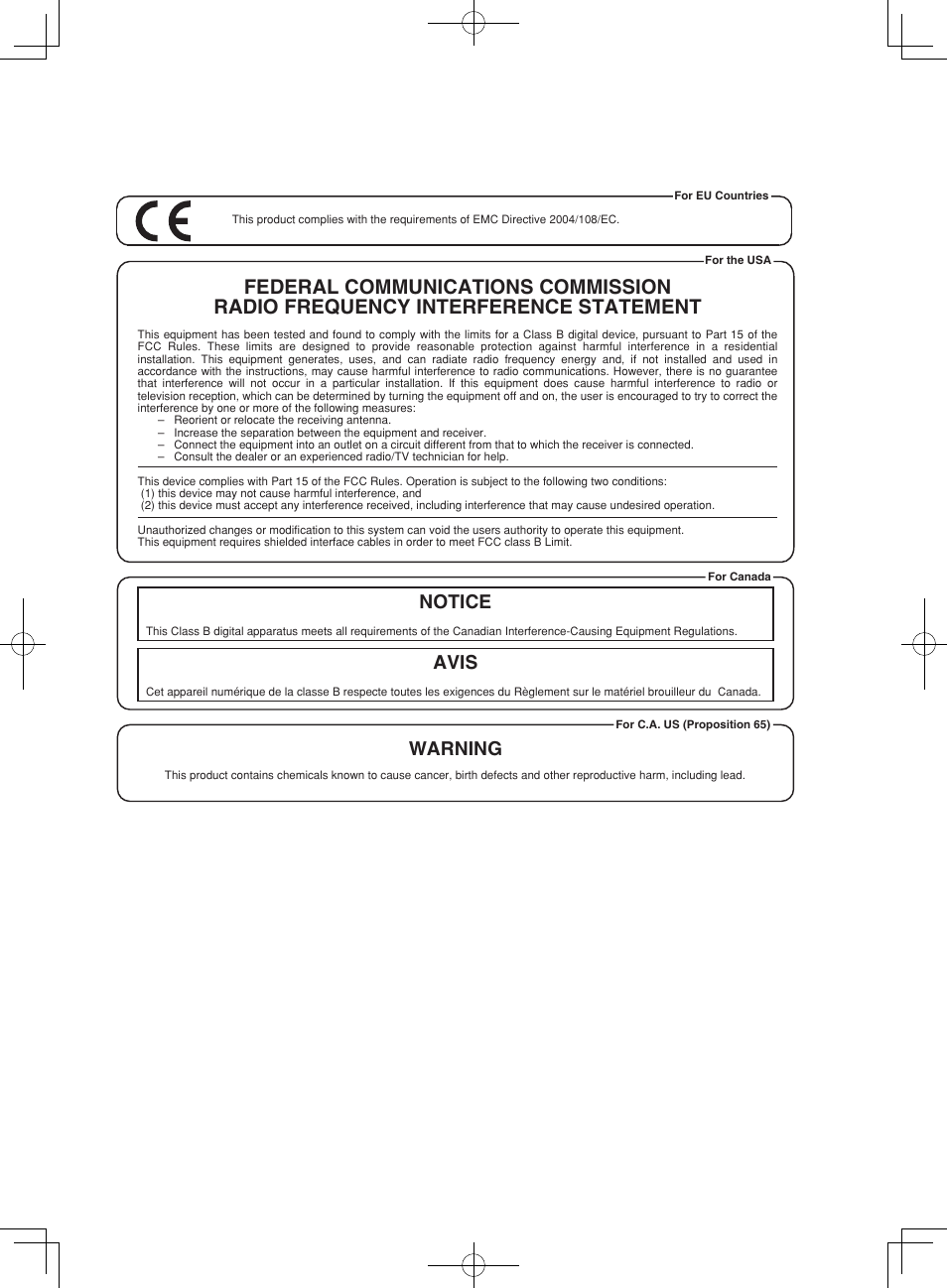 Notice avis, Warning | Roland SP-404SX User Manual | Page 54 / 54