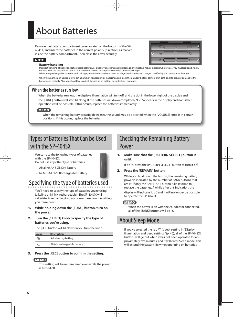 About batteries, Specifying the type of batteries used, Checking the remaining battery power | About sleep mode, When the batteries run low | Roland SP-404SX User Manual | Page 6 / 54