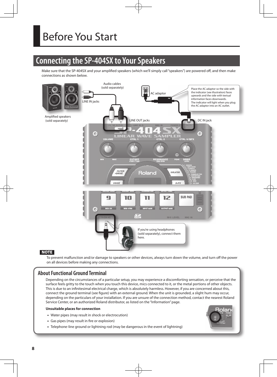 Before you start, Connecting the sp-404sx to your speakers, About functional ground terminal | Roland SP-404SX User Manual | Page 8 / 54