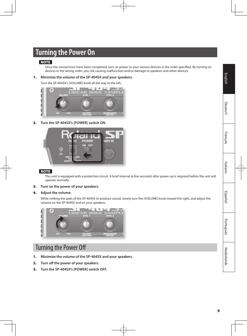 Turning the power on, Turning the power off | Roland SP-404SX User Manual | Page 9 / 54