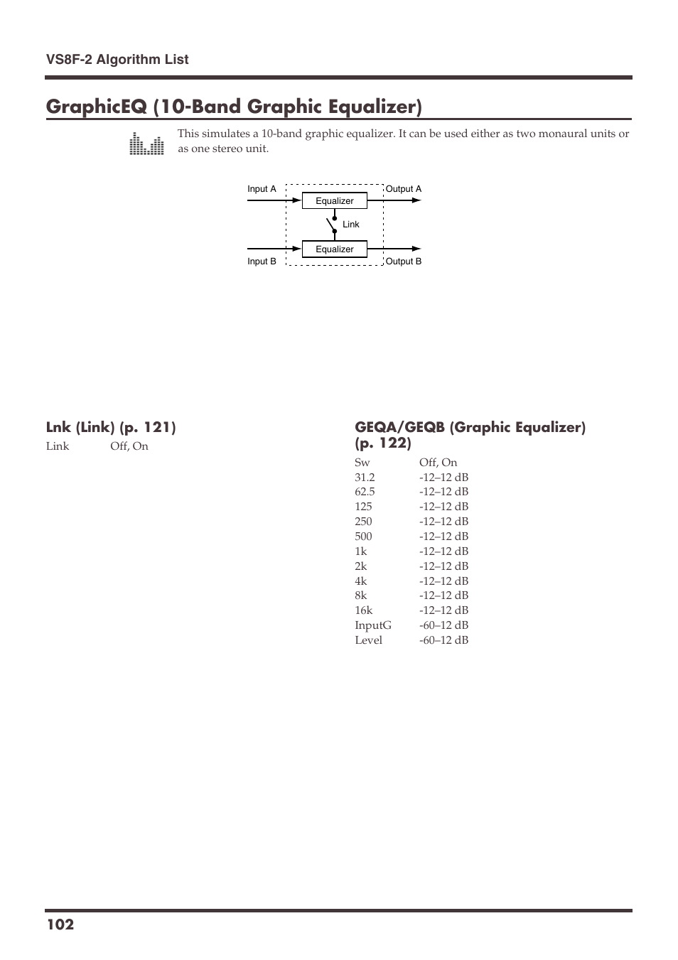Graphiceq (10-band graphic equalizer) | Roland VS-1680 User Manual | Page 102 / 136