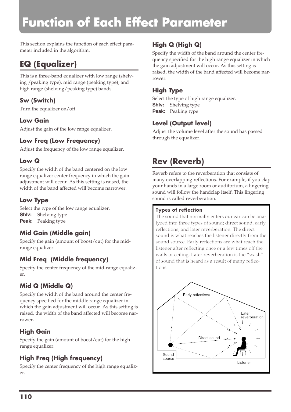 Function of each effect parameter, Eq (equalizer), Rev (reverb) | Roland VS-1680 User Manual | Page 110 / 136