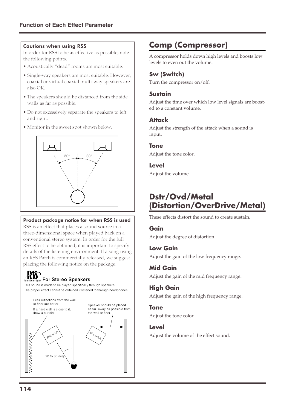 Comp (compressor), Dstr/ovd/metal (distortion/overdrive/metal) | Roland VS-1680 User Manual | Page 114 / 136