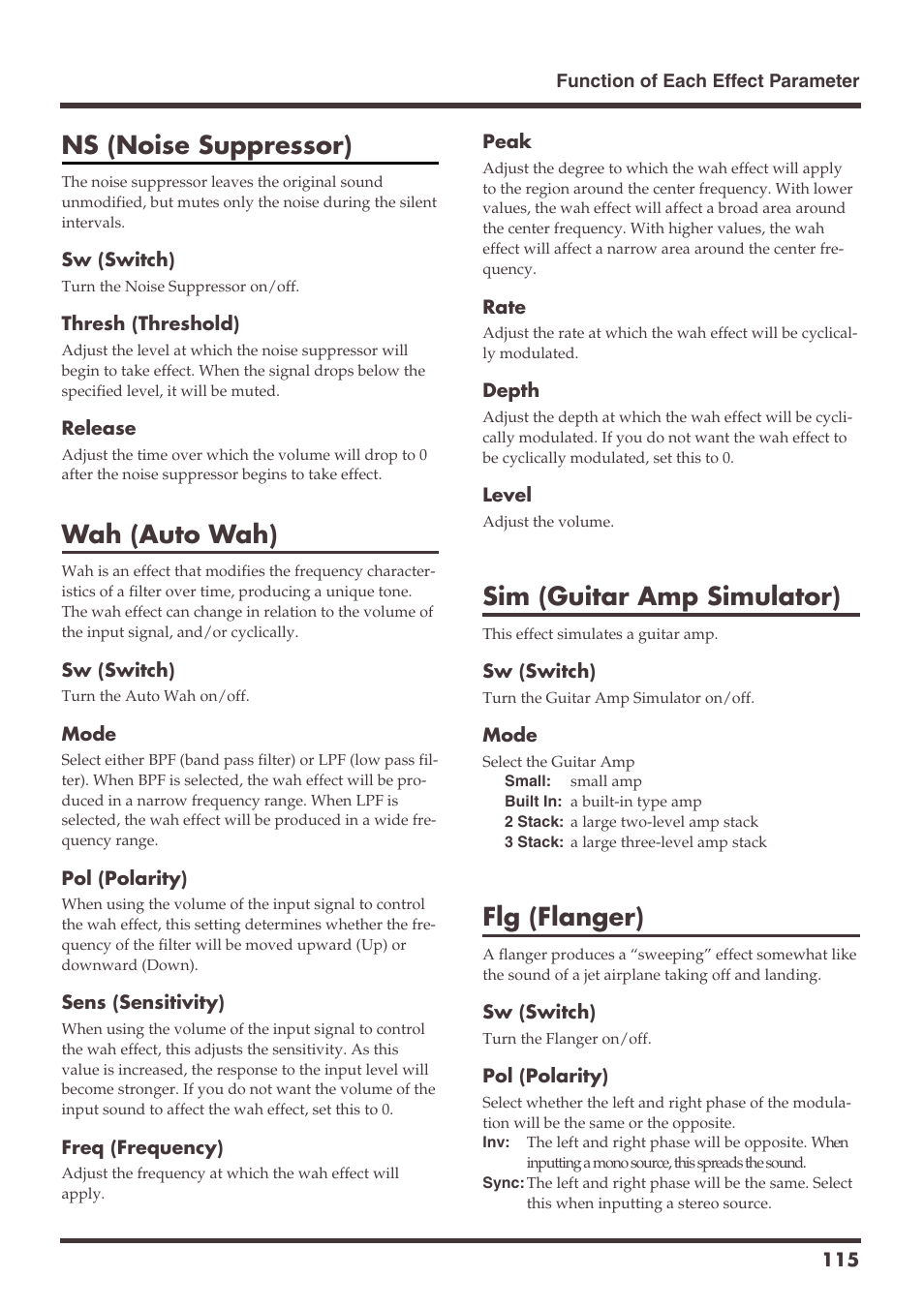 Ns (noise suppressor), Wah (auto wah), Sim (guitar amp simulator) | Flg (flanger) | Roland VS-1680 User Manual | Page 115 / 136