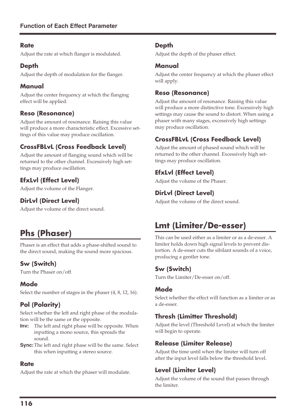 Phs (phaser), Lmt (limiter/de-esser) | Roland VS-1680 User Manual | Page 116 / 136