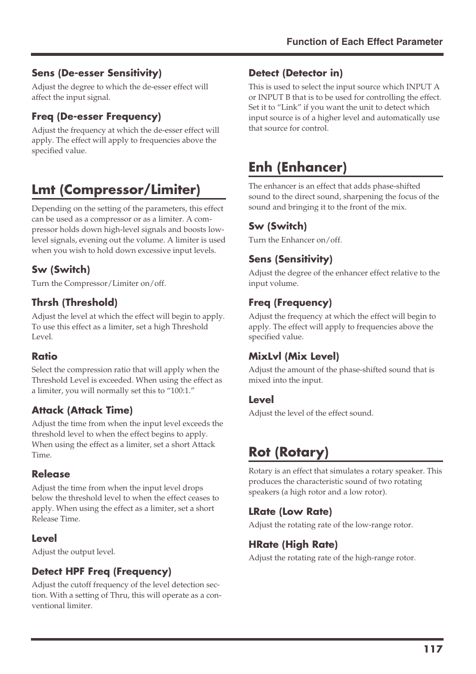 Lmt (compressor/limiter), Enh (enhancer), Rot (rotary) | Roland VS-1680 User Manual | Page 117 / 136