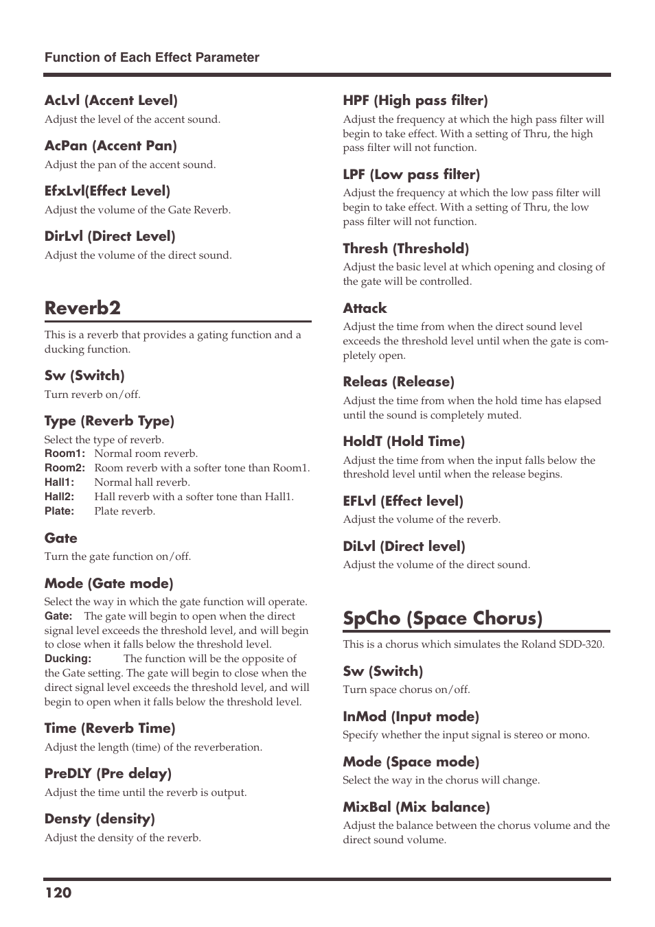 Reverb2, Spcho (space chorus) | Roland VS-1680 User Manual | Page 120 / 136