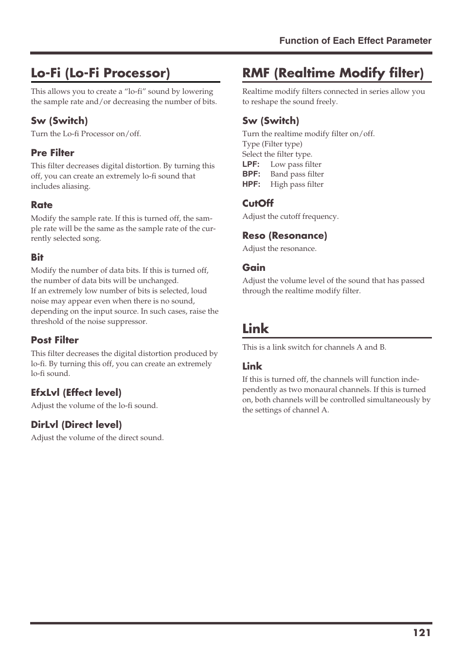 Lo-fi (lo-fi processor), Rmf (realtime modify filter), Link | Roland VS-1680 User Manual | Page 121 / 136