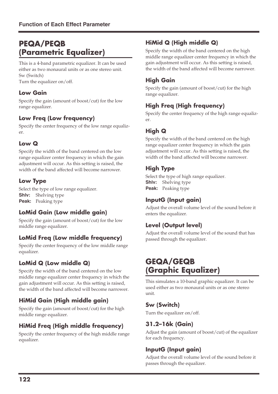 Peqa/peqb (parametric equalizer), Geqa/geqb (graphic equalizer) | Roland VS-1680 User Manual | Page 122 / 136