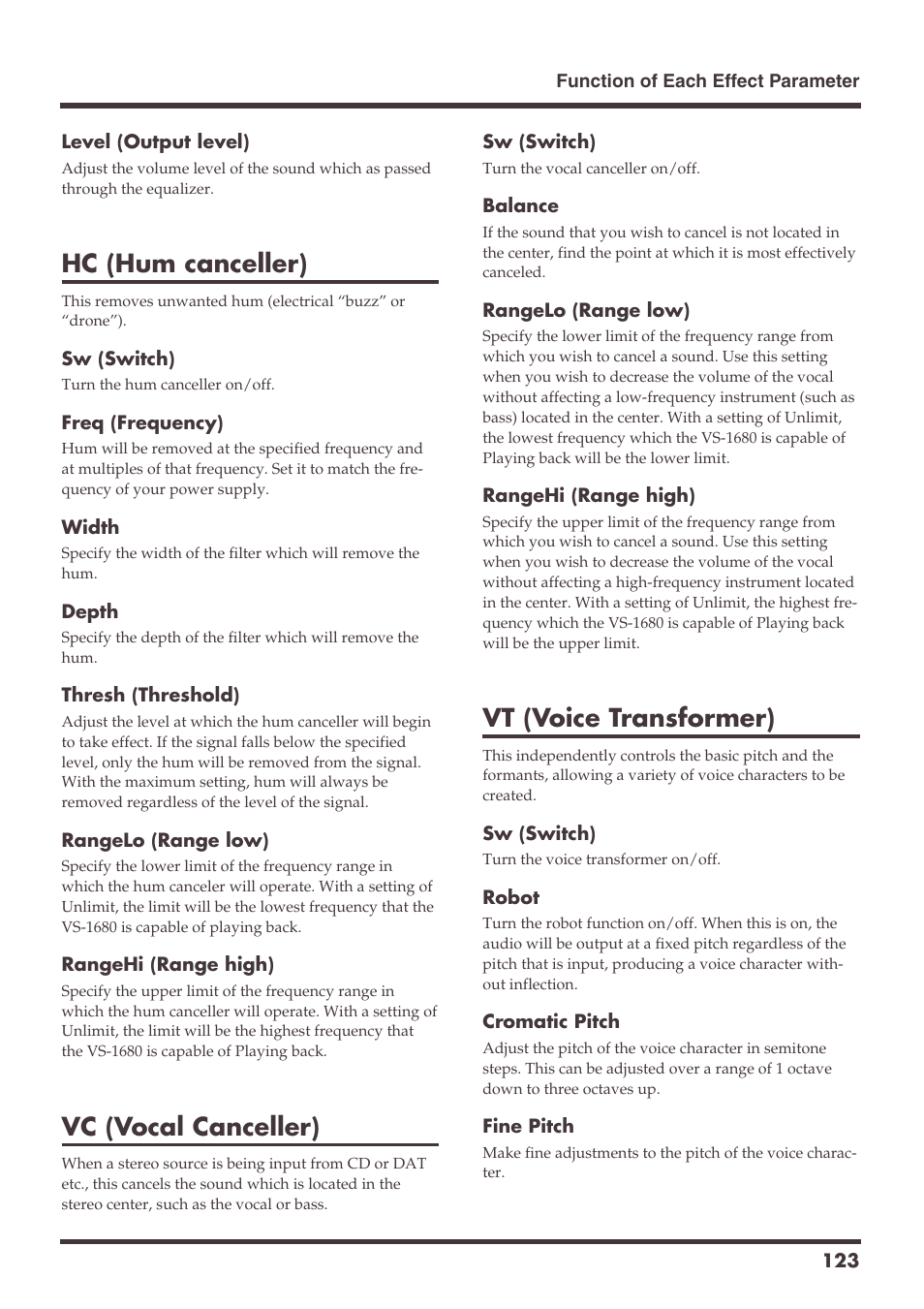 Hc (hum canceller), Vc (vocal canceller), Vt (voice transformer) | Roland VS-1680 User Manual | Page 123 / 136