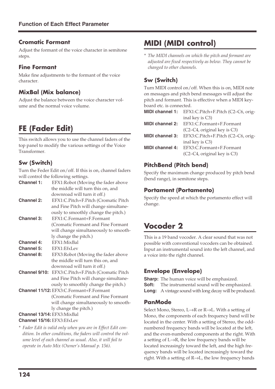 Fe (fader edit), Midi (midi control), Vocoder 2 | Roland VS-1680 User Manual | Page 124 / 136