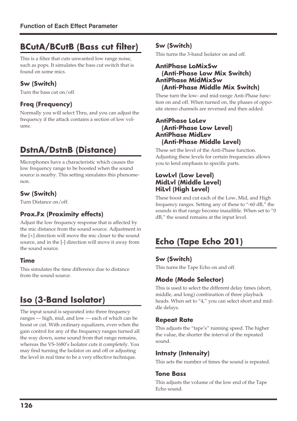 Bcuta/bcutb (bass cut filter), Dstna/dstnb (distance), Iso (3-band isolator) | Echo (tape echo 201) | Roland VS-1680 User Manual | Page 126 / 136