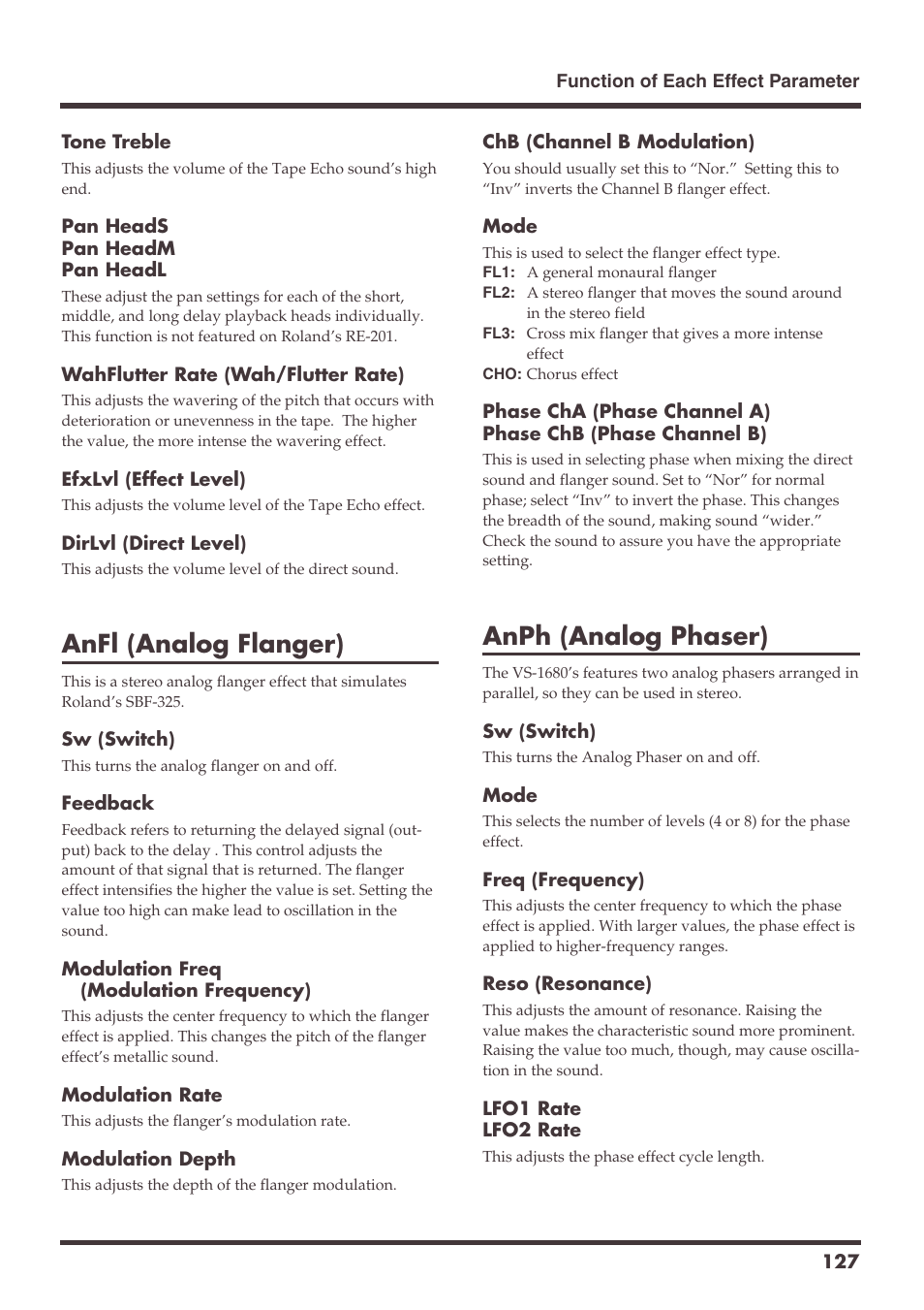 Anfl (analog flanger), Anph (analog phaser) | Roland VS-1680 User Manual | Page 127 / 136