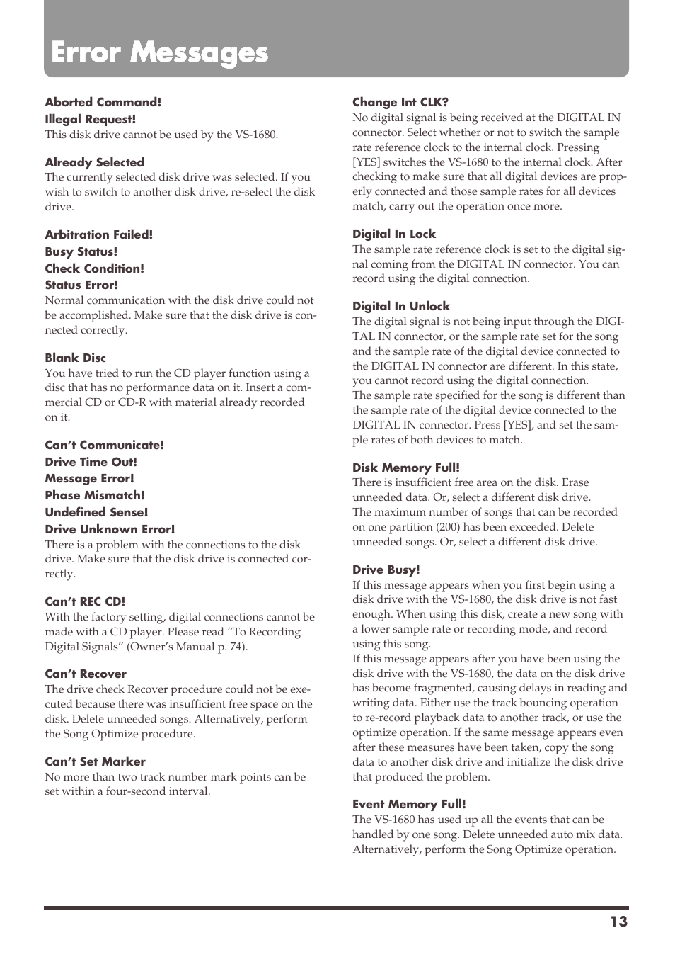 Error messages | Roland VS-1680 User Manual | Page 13 / 136