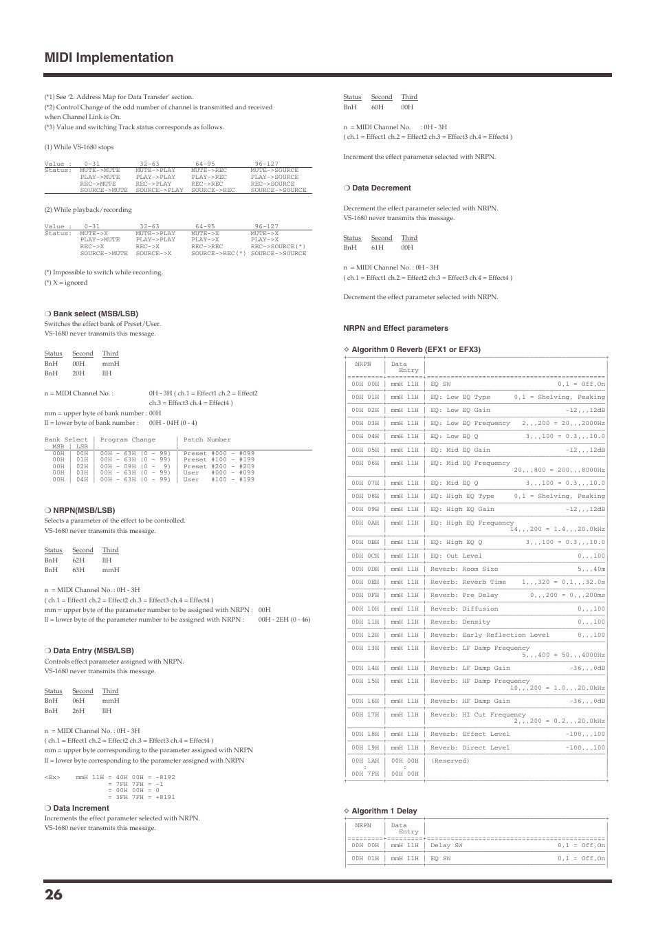 Midi implementation 26 | Roland VS-1680 User Manual | Page 26 / 136