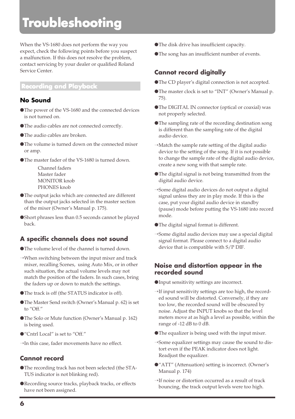 Troubleshooting | Roland VS-1680 User Manual | Page 6 / 136