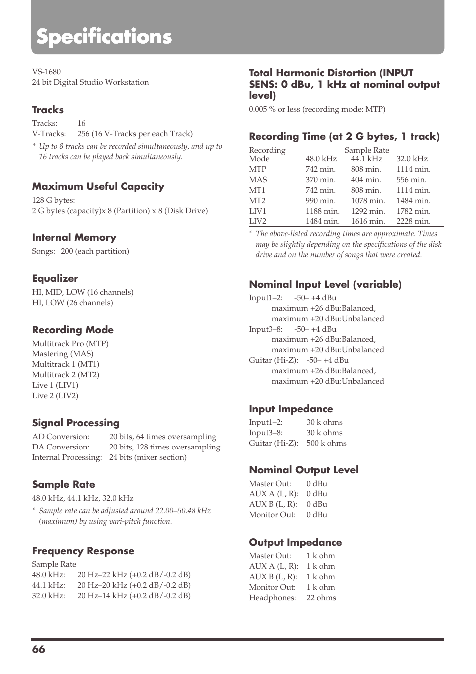 Specifications | Roland VS-1680 User Manual | Page 66 / 136
