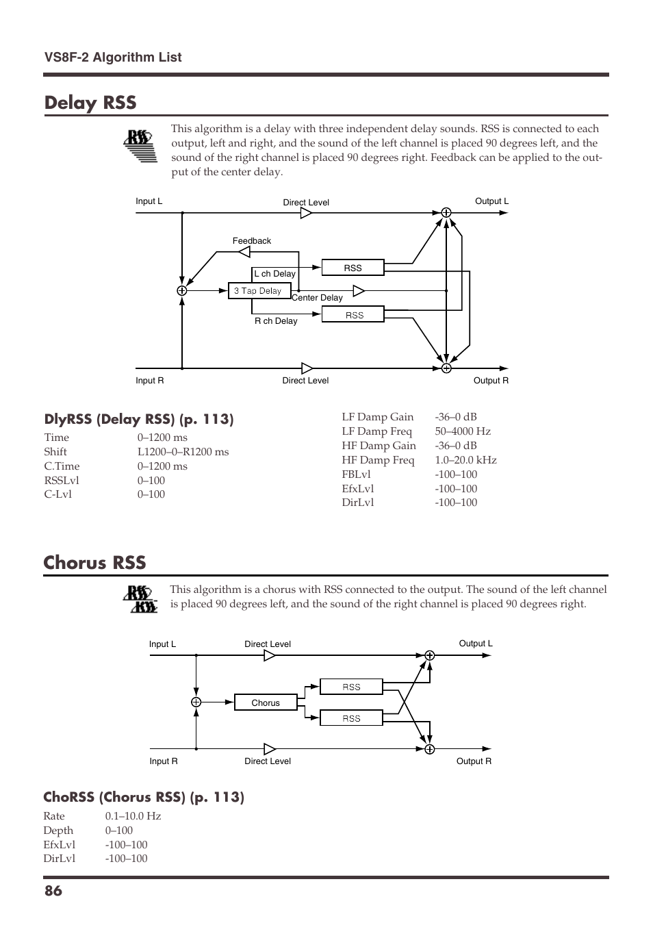 Delay rss, Chorus rss, Dlyrss (delay rss) (p. 113) | Vs8f-2 algorithm list 86, Chorss (chorus rss) (p. 113) | Roland VS-1680 User Manual | Page 86 / 136