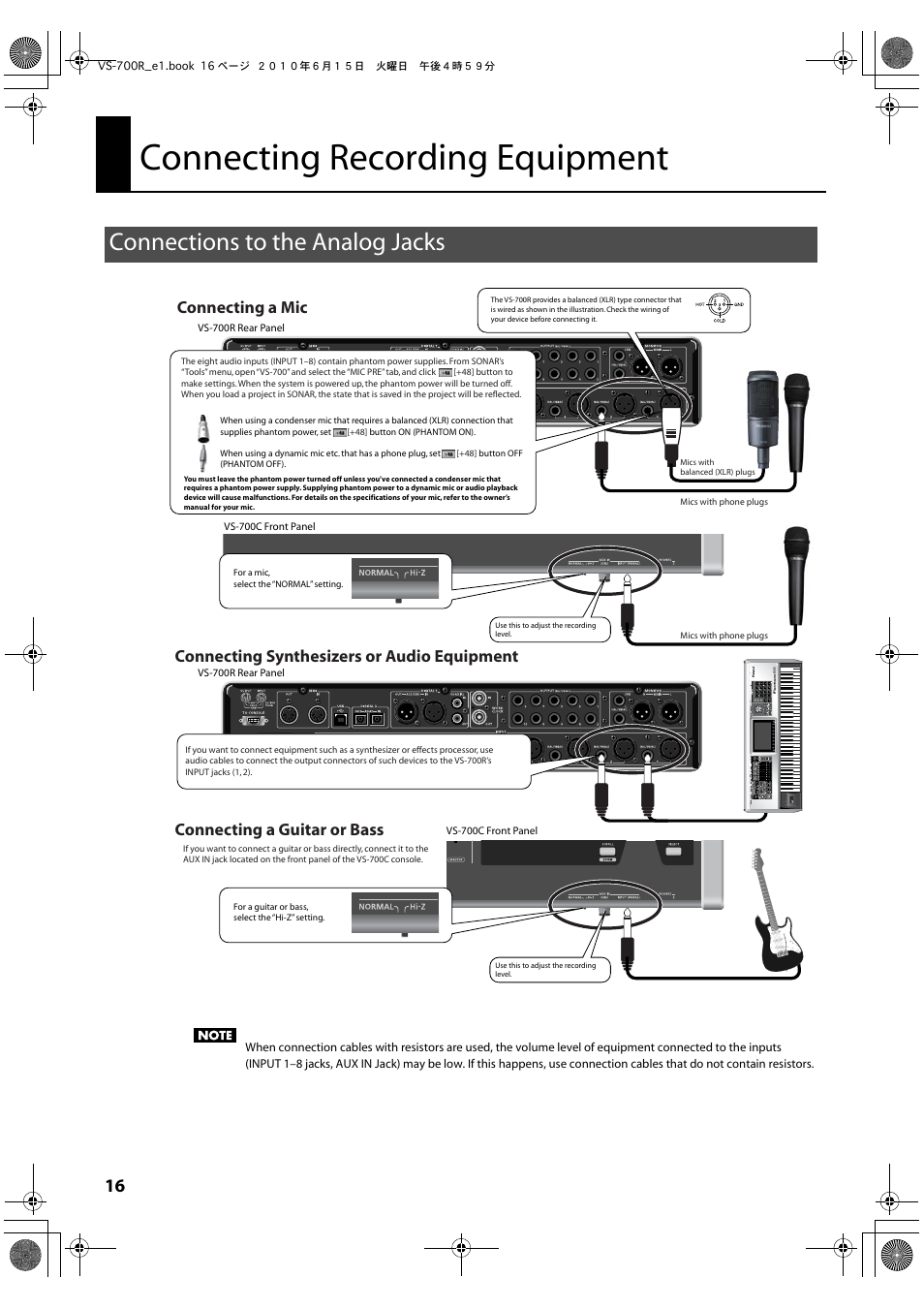 Connecting recording equipment, Connections to the analog jacks, Connecting a mic | Roland VS-700R User Manual | Page 16 / 32