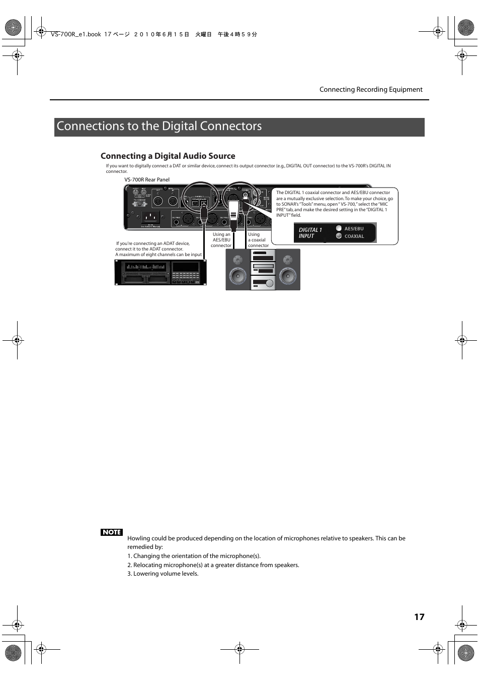 Connections to the digital connectors, Connecting a digital audio source | Roland VS-700R User Manual | Page 17 / 32