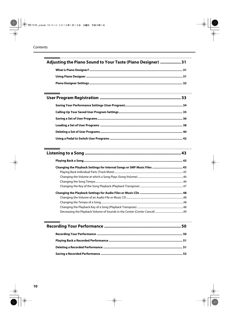 User program registration, Listening to a song, Recording your performance | Roland Digital Grand RG-3F User Manual | Page 10 / 100