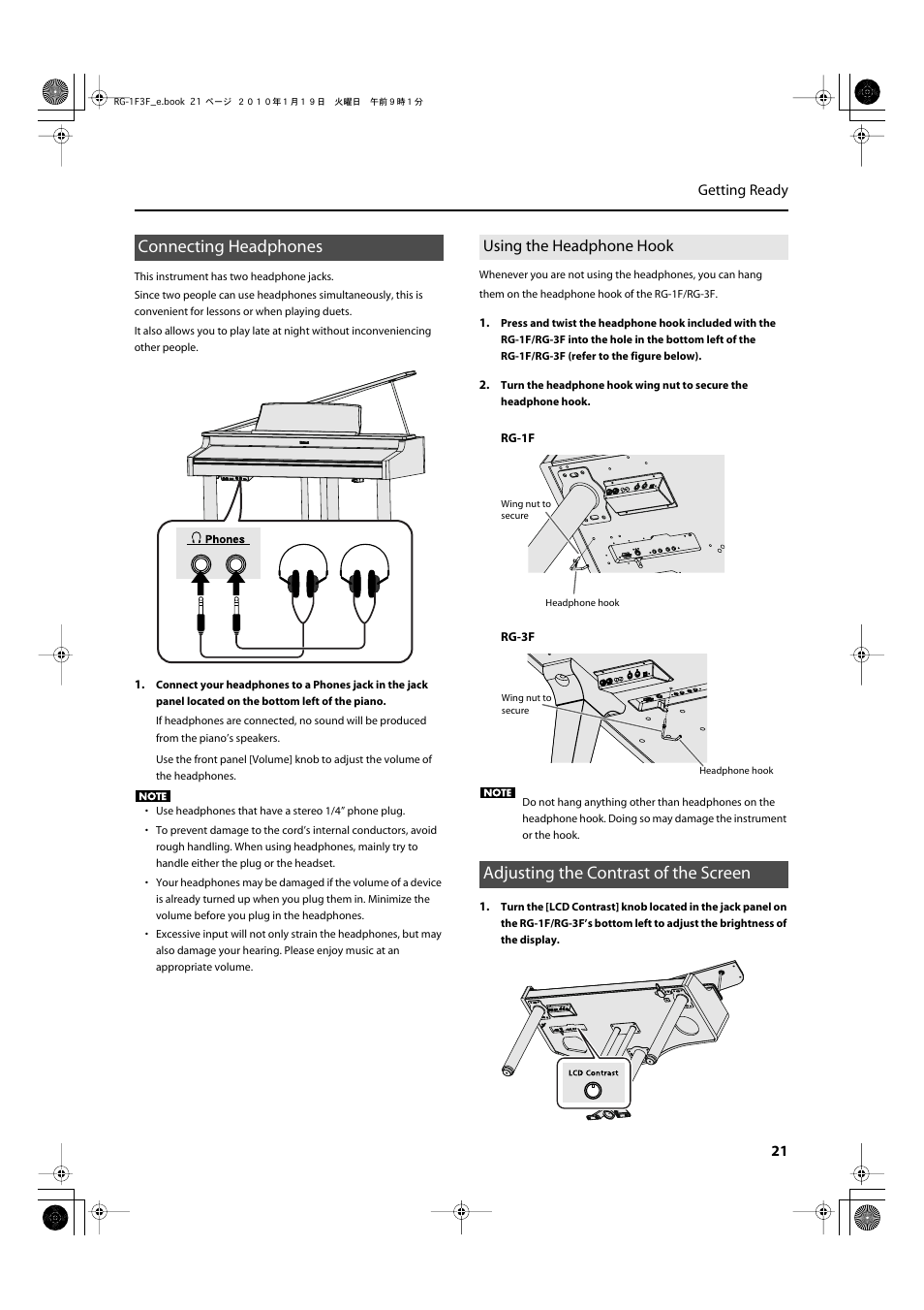 Connecting headphones, Using the headphone hook, Adjusting the contrast of the screen | Connect headphones to these jacks (p. 21), 21 getting ready | Roland Digital Grand RG-3F User Manual | Page 21 / 100