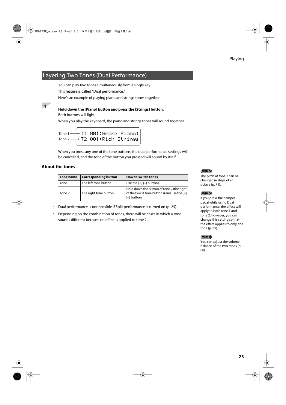 Layering two tones (dual performance) | Roland Digital Grand RG-3F User Manual | Page 23 / 100