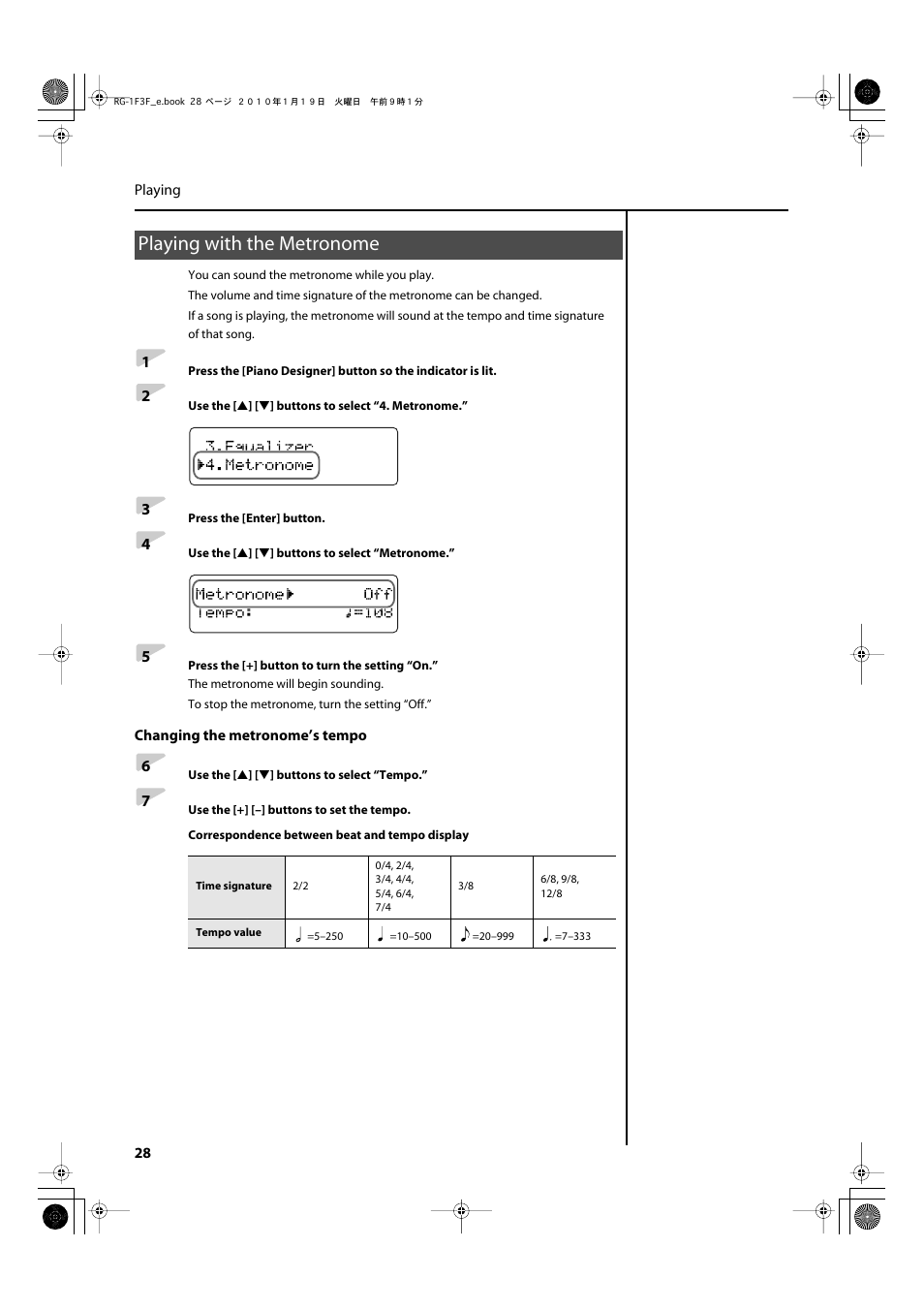 Playing with the metronome | Roland Digital Grand RG-3F User Manual | Page 28 / 100