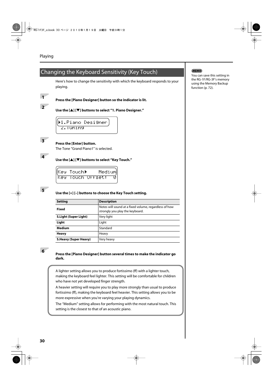 Changing the keyboard sensitivity (key touch) | Roland Digital Grand RG-3F User Manual | Page 30 / 100