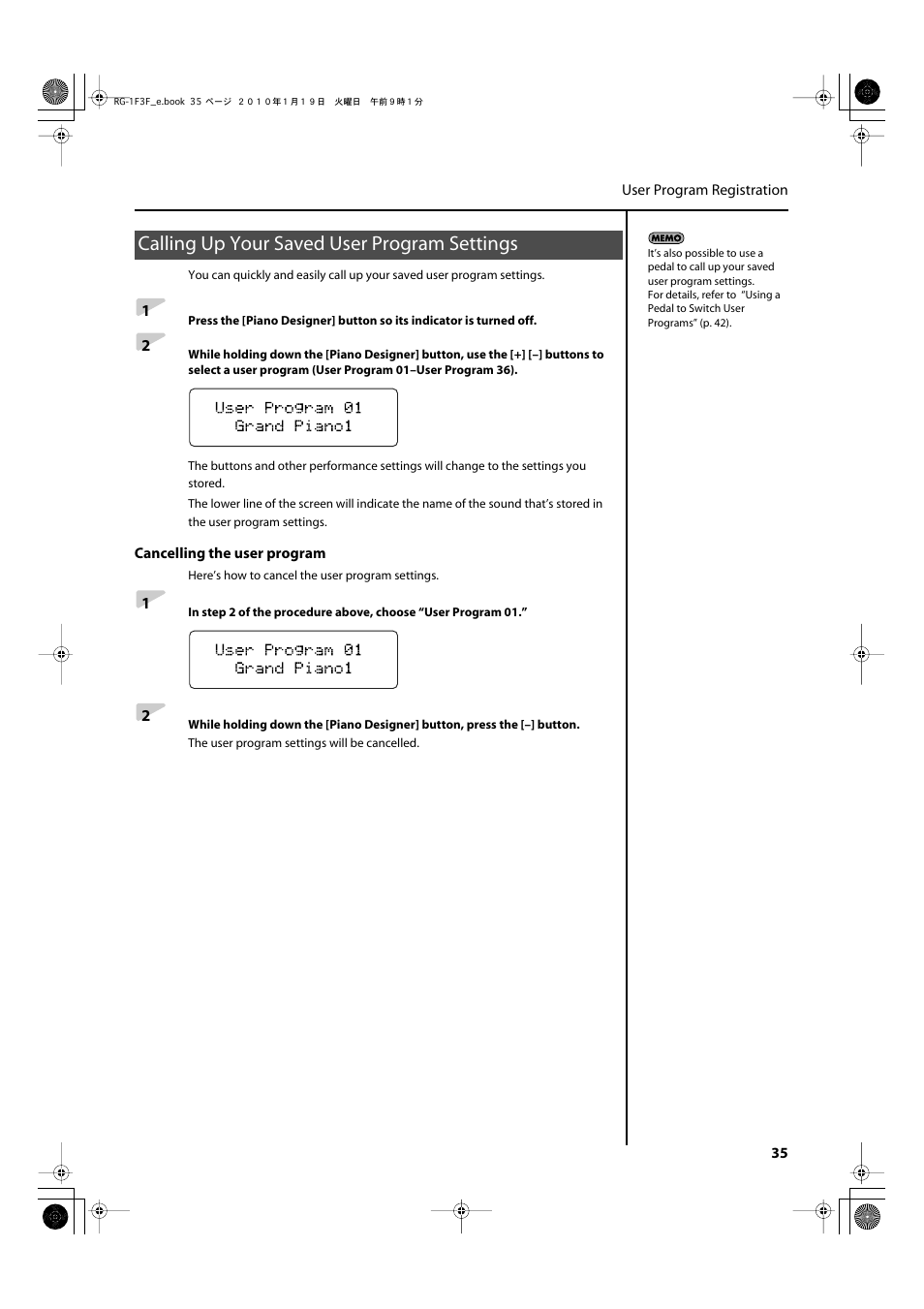 Calling up your saved user program settings | Roland Digital Grand RG-3F User Manual | Page 35 / 100