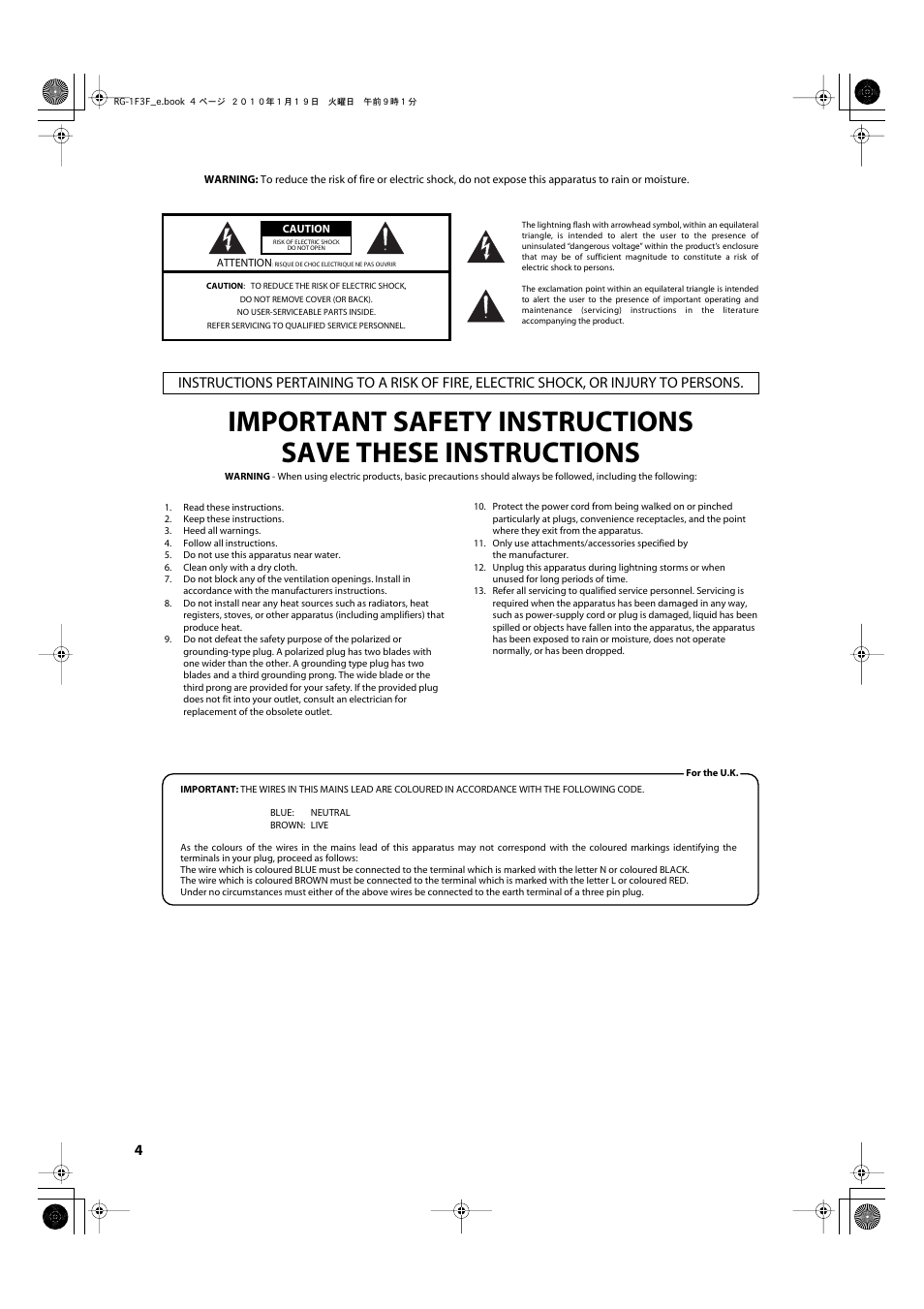 Important safety instructions | Roland Digital Grand RG-3F User Manual | Page 4 / 100