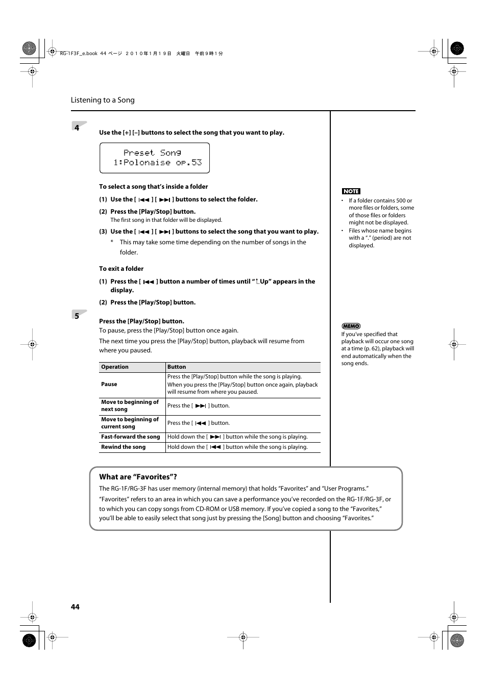 Play back a song saved in favorites (p. 44) | Roland Digital Grand RG-3F User Manual | Page 44 / 100