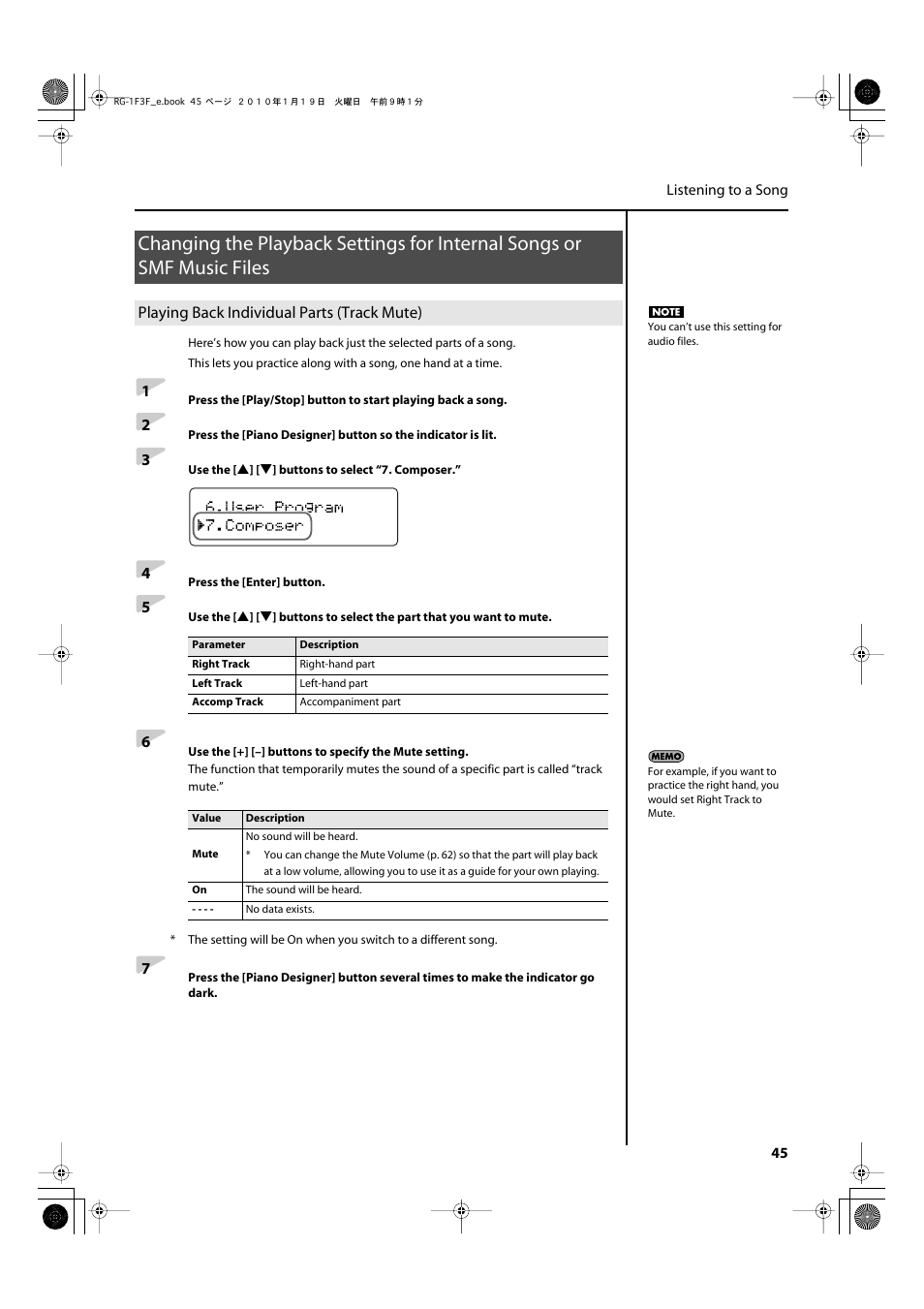 Playing back individual parts (track mute), Track muting (p. 45) | Roland Digital Grand RG-3F User Manual | Page 45 / 100