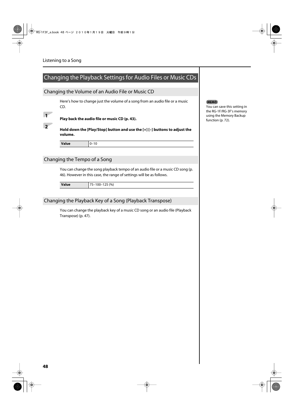 Changing the volume of an audio file or music cd, Changing the tempo of a song | Roland Digital Grand RG-3F User Manual | Page 48 / 100