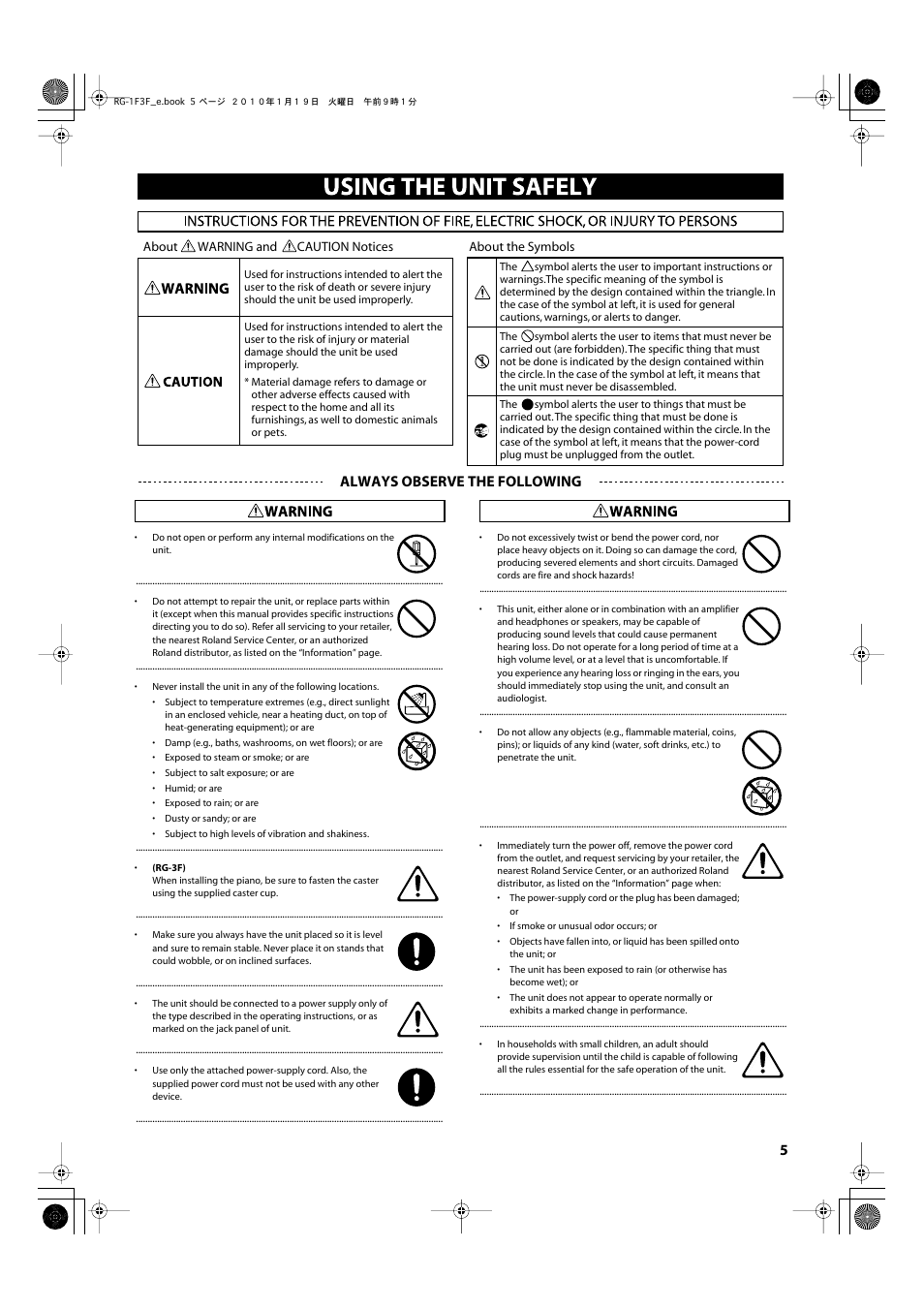 Using the unit safely, Always observe the following | Roland Digital Grand RG-3F User Manual | Page 5 / 100