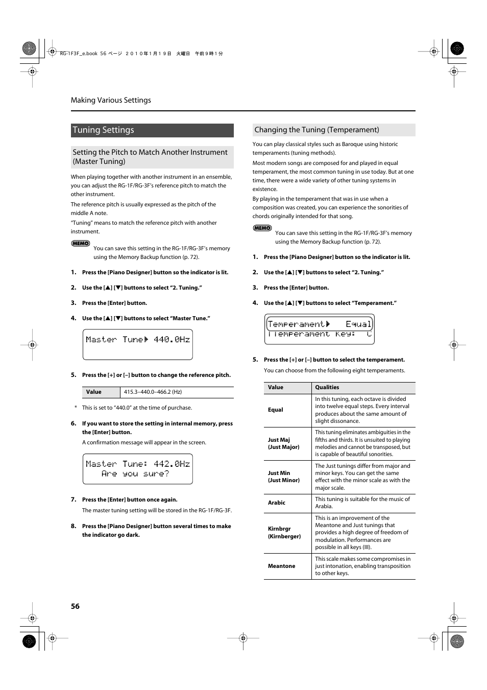 Tuning settings, Changing the tuning (temperament), P. 56 | 56 making various settings | Roland Digital Grand RG-3F User Manual | Page 56 / 100