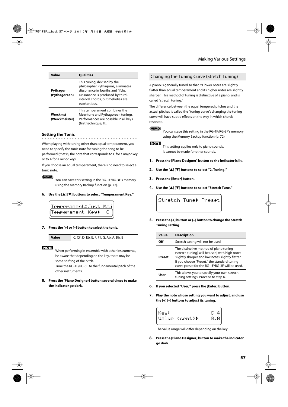 Changing the tuning curve (stretch tuning), P. 57, 57 making various settings | Roland Digital Grand RG-3F User Manual | Page 57 / 100