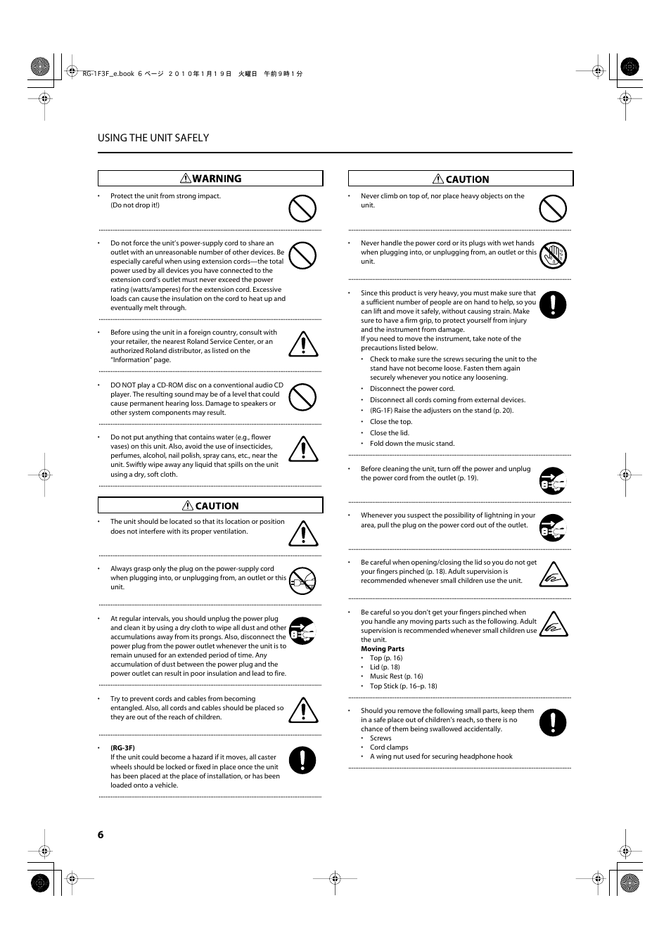 6 using the unit safely | Roland Digital Grand RG-3F User Manual | Page 6 / 100
