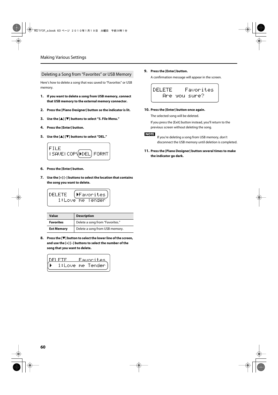 Deleting a song from “favorites” or usb memory, P. 60, 60 making various settings | Roland Digital Grand RG-3F User Manual | Page 60 / 100