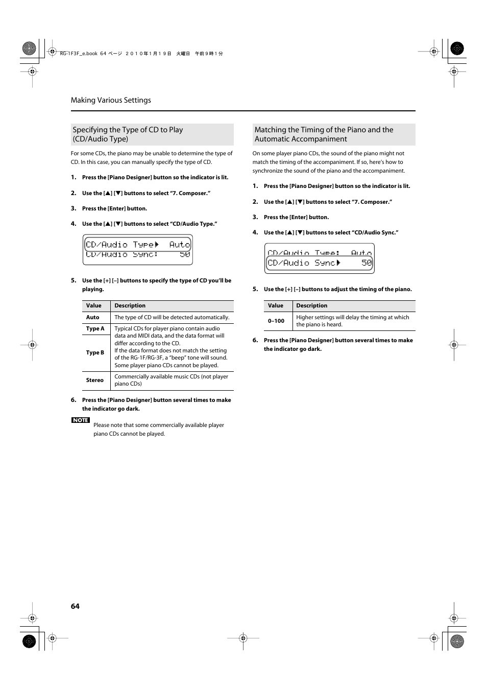 Specifying the type of cd to play (cd/audio type), P. 64, 64 making various settings | Roland Digital Grand RG-3F User Manual | Page 64 / 100