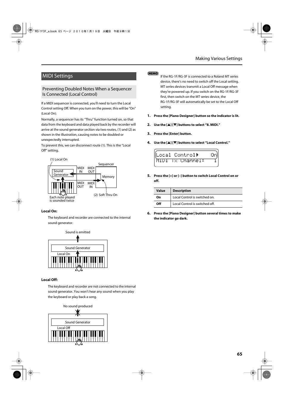 Midi settings, P. 65, 65 making various settings | Roland Digital Grand RG-3F User Manual | Page 65 / 100