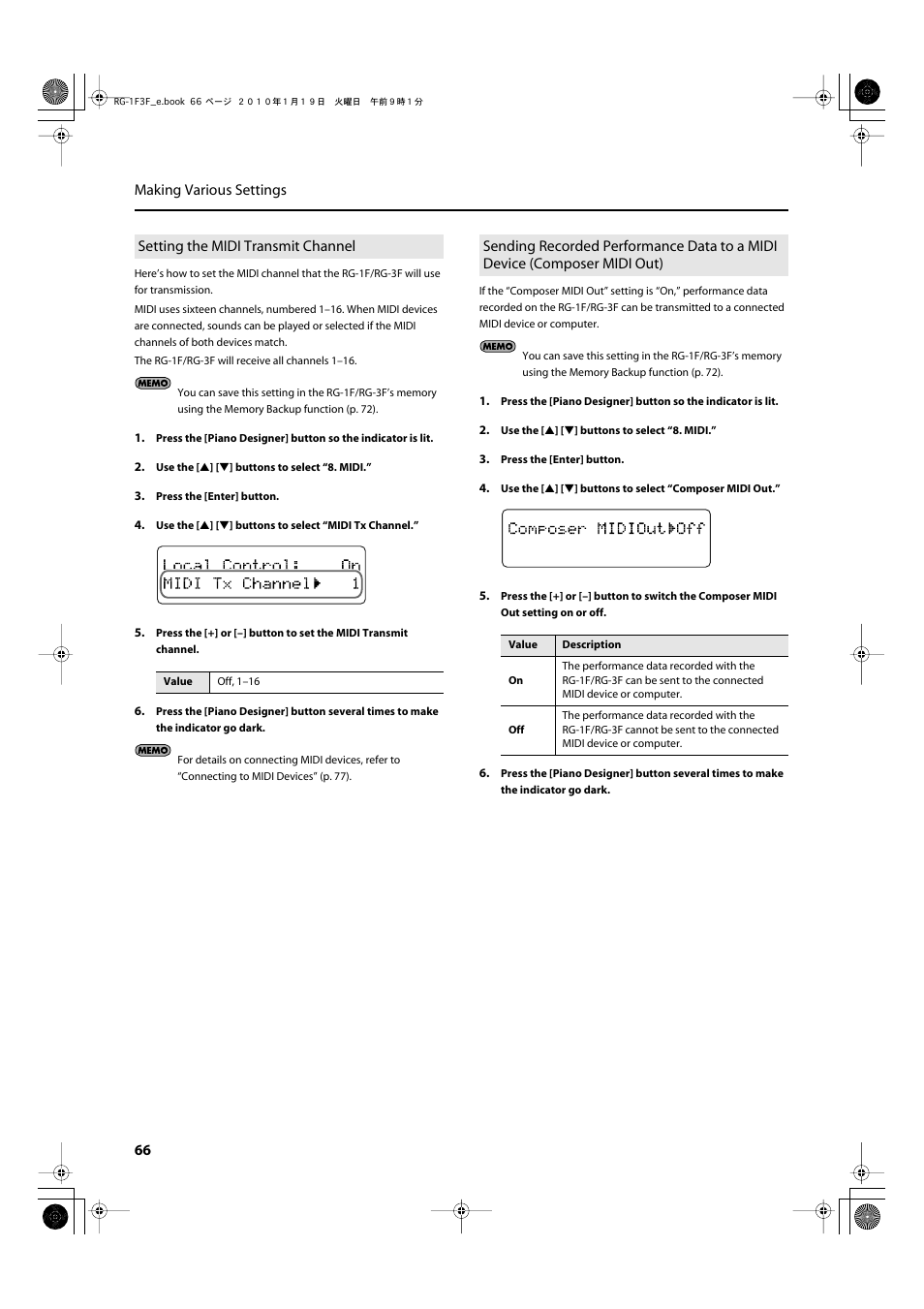 Setting the midi transmit channel, P. 66, 66 making various settings | Roland Digital Grand RG-3F User Manual | Page 66 / 100