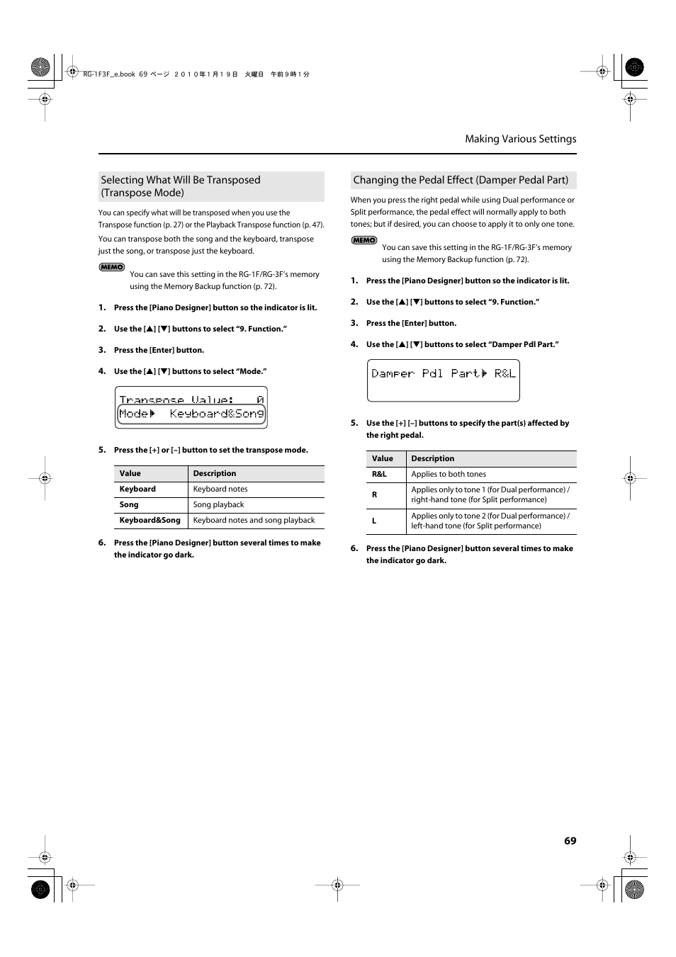 Selecting what will be transposed (transpose mode), Changing the pedal effect (damper pedal part), Tone (p. 69) | P. 69, 69 making various settings | Roland Digital Grand RG-3F User Manual | Page 69 / 100