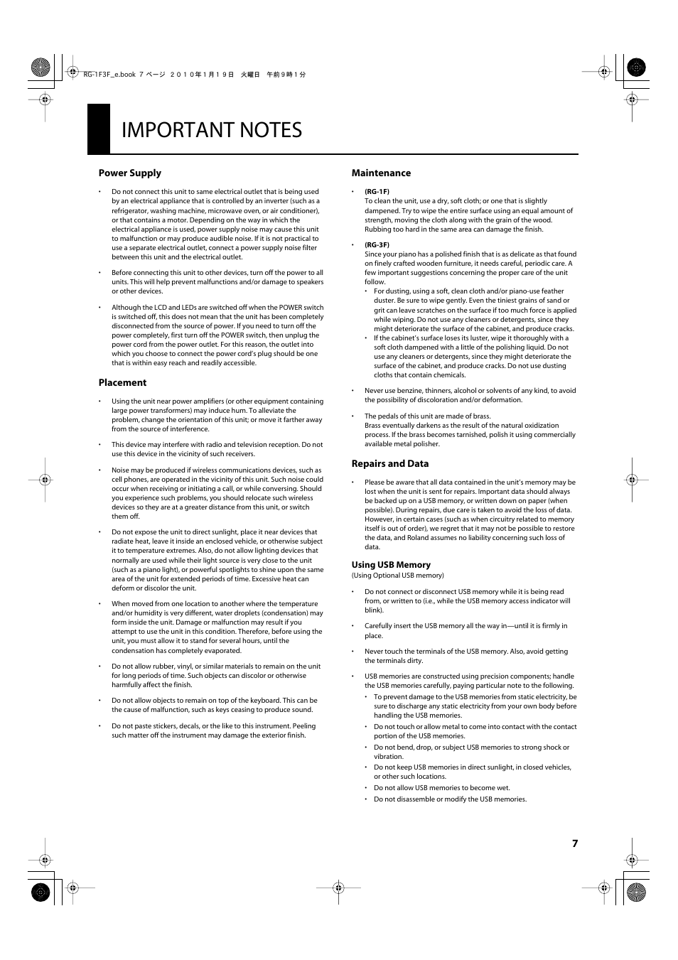 Important notes, Power supply, Placement | Maintenance, Repairs and data | Roland Digital Grand RG-3F User Manual | Page 7 / 100